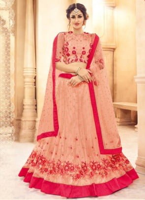 Attractive Peach Shade Embroidered Designer Lehenga