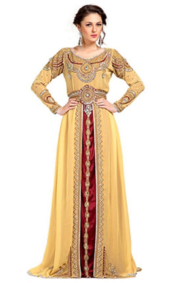 Contemporary Rich Beige Embroidered Moroccan Wedding Kaftan