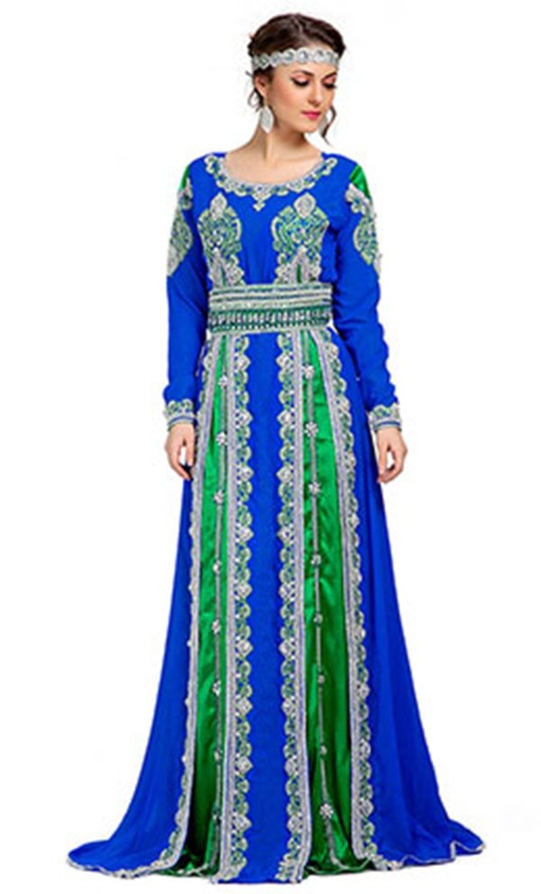 Contemporary Smart Blue & Green Moroccan Elegant Kaftan