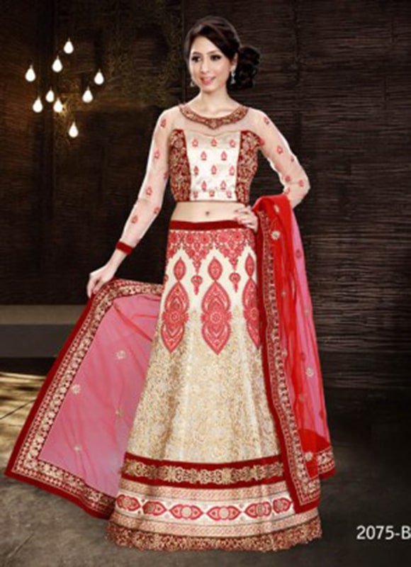 Off-White And Red Embroidery Work Lehenga-min