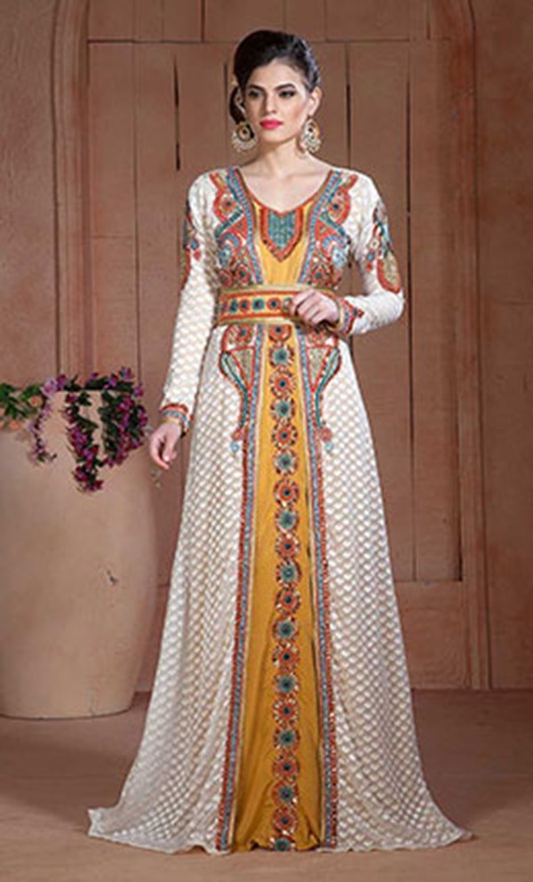 Off White and Golden Color Moroccan Hand beaded Kaftan