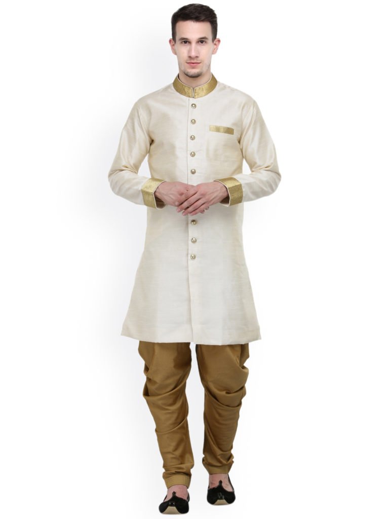RG Designers Cream-Coloured & Brown Silk Sherwani