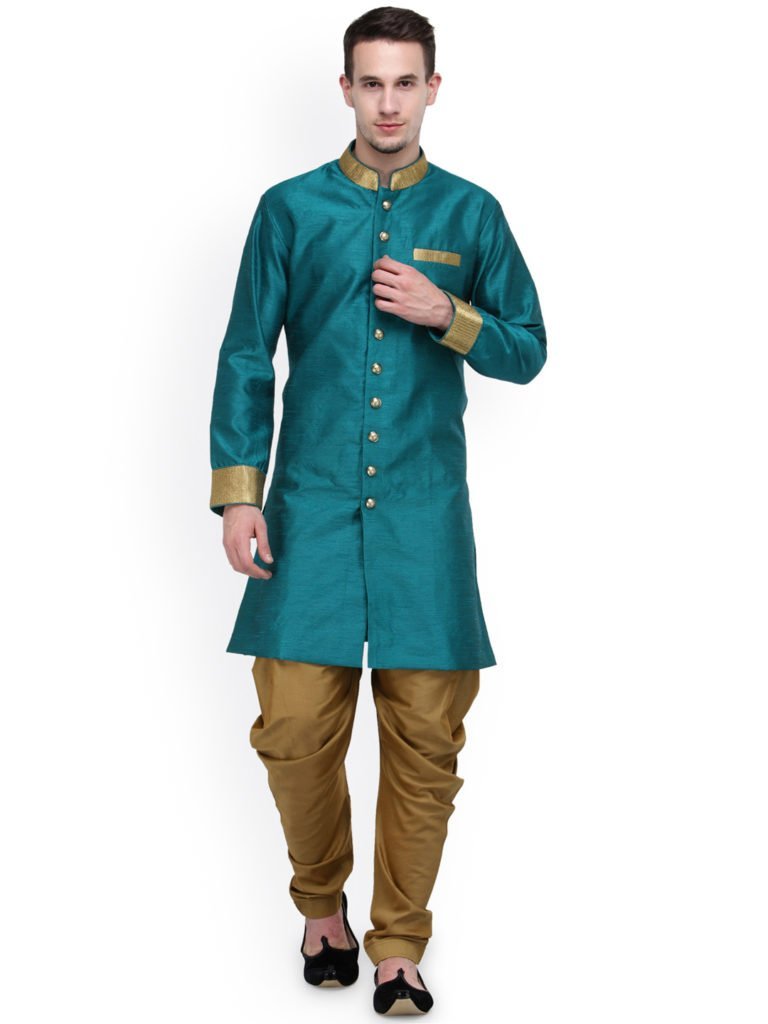 RG Designers Teal Blue And Beige Silk Sherwani