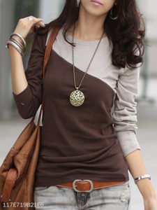 Autumn Spring Cotton Blend Women Round Neck Color Block Long Sleeve Long Sleeve T-Shirts